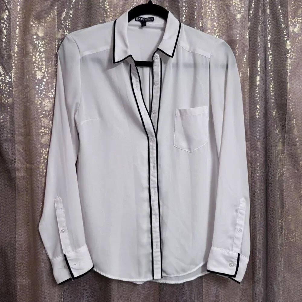 Express White Black Minimalist Button Down Portofino Blouse Top XS